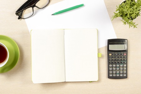 Office desk table with supplies. Top view. Copy space for text.の写真素材