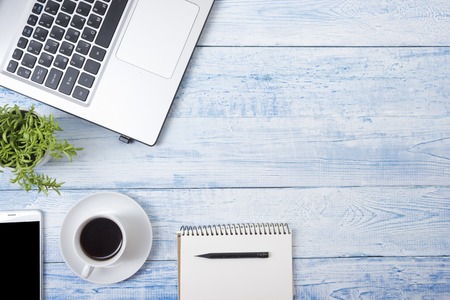 Office desk table with supplies. Top view. Copy space for text.の写真素材