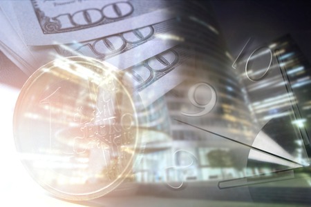 Finance, banking concept. Euro coins, us dollar banknote close-up. Abstract image of Financial...