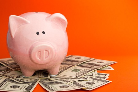 piggy bank and dollar cash money. business, finance, investment, saving and corruption conceptの写真素材