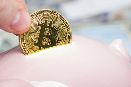 Piggy bank, hand holds golden bitcoin coin virtual money. Cryptocurrency and saving conceptの写真素材