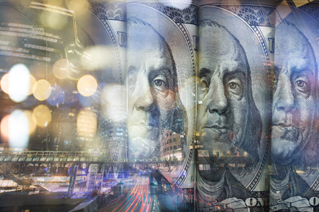 Finance, banking concept. Euro coins, us dollar banknote close-up. Abstract image of Financial system with selective focus, toned, double exposureの写真素材