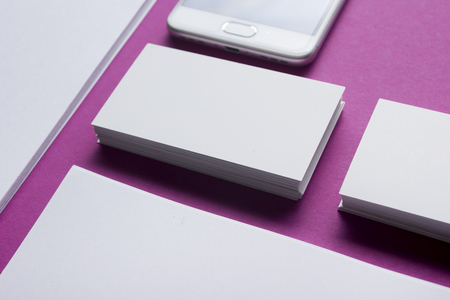 Business cards Mockup on color background. Flat Lay. copy space for textの写真素材