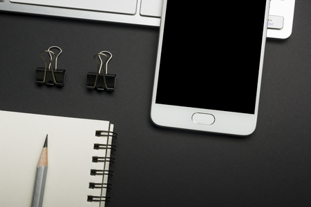 Office desk table with supplies. Flat lay Business workplace and objects. Top view. Copy space for textの写真素材