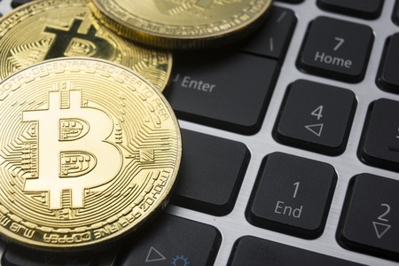 Bitcoin golden coin New virtual money and dollar background . Cryptocurrency. Business and Trading...