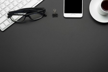 Office desk table with supplies. Flat lay Business workplace and objects. Top view. Copy space for...
