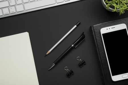 Office desk table with supplies. Flat lay Business workplace and objects. Top view. Copy space for text.の写真素材