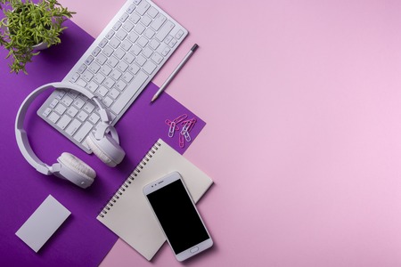 Office desk table with supplies. Flat lay Business workplace and objects. Top view. Copy space for text.の写真素材