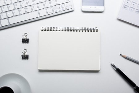 Office desk table with supplies. Flat lay Business workplace and objects. Top view. Copy space for text.の写真素材