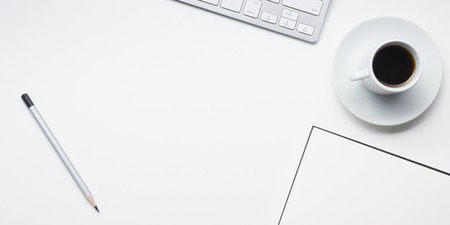 Office desk table with supplies. Flat lay Business workplace and objects. Top view. Copy space for textの写真素材