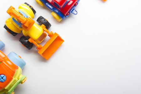 Kids educational developing toys frame on white background. Top view. Flat lay. Copy space for textの写真素材