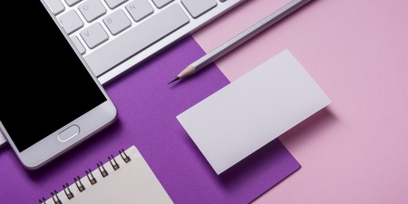 Office desk table with supplies. Flat lay Business workplace and objects. Top view. Copy space for textの写真素材