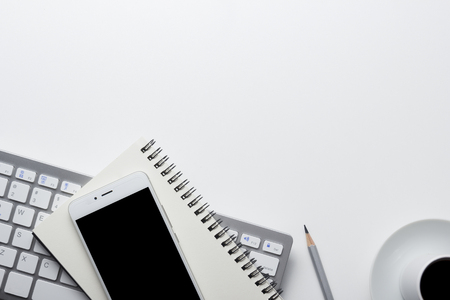 Office desk table with supplies. Flat lay Business workplace and objects. Top view. Copy space for textの写真素材