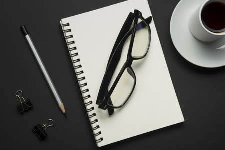Office desk table with supplies. Flat lay Business workplace and objects. Top view. Copy space for textの写真素材