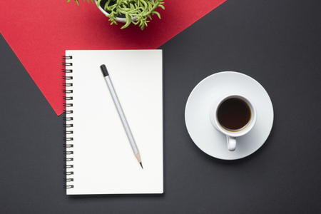 Office desk table with supplies. Flat lay Business workplace and objects. Top view. Copy space for textの写真素材