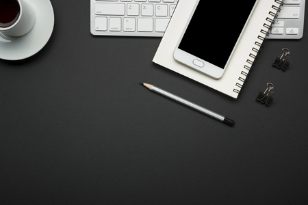Office desk table with supplies. Flat lay Business workplace and objects. Top view. Copy space for textの写真素材