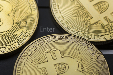 Bitcoin gold coin. Cryptocurrency concept. Virtual currency background.の写真素材