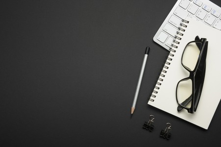 Office desk table with supplies. Flat lay Business workplace and objects. Top view. Copy space for textの写真素材