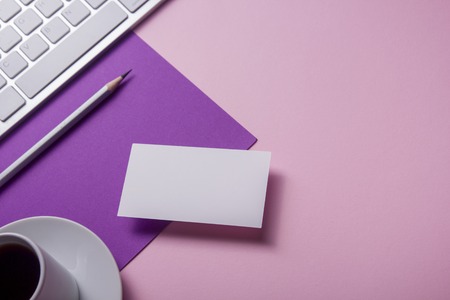 Office desk table with supplies. Flat lay Business workplace and objects. Top view. Copy space for textの写真素材
