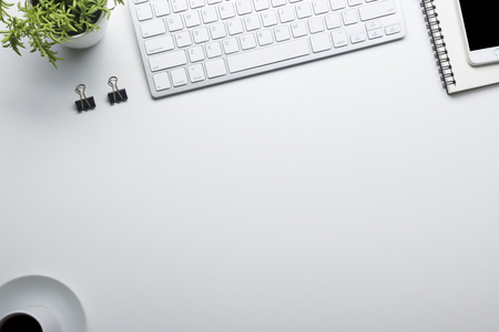 Office desk table with supplies. Flat lay Business workplace and objects. Top view. Copy space for textの写真素材