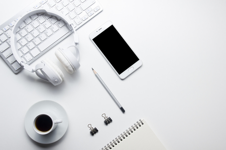 Office desk table with supplies. Flat lay Business workplace and objects. Top view. Copy space for textの写真素材