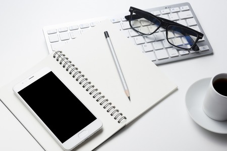Office desk table with supplies. Flat lay Business workplace and objects. Top view. Copy space for textの写真素材
