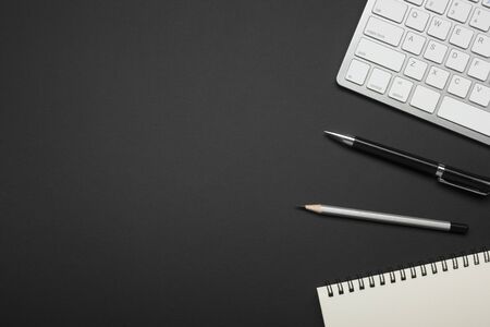 Office desk table with supplies. Flat lay Business workplace and objects. Top view. Copy space for textの写真素材