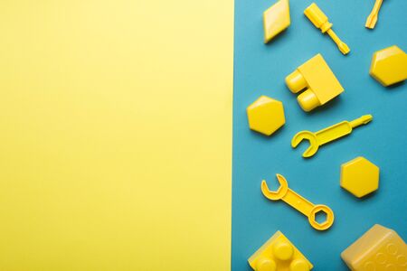 Kids educational developing toys frame on white background. Top view. Flat lay. Copy space for textの写真素材