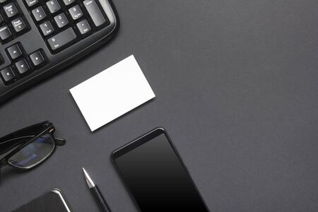 Office desk table with supplies. Flat lay Business workplace and objects. Top view. Copy space for textの写真素材