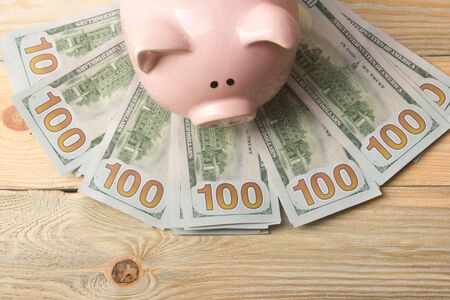 Piggy bank and dollar cash money. Business, finance, investment, saving and corruption concept.の写真素材