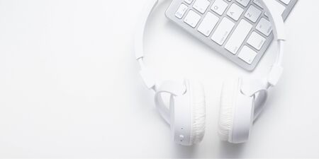 Office desk table with supplies. Flat lay Business workplace and objects. Top view. Copy space for textの写真素材