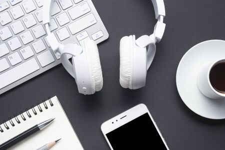 Office desk table with supplies. Flat lay Business workplace and objects. Top view. Copy space for textの写真素材