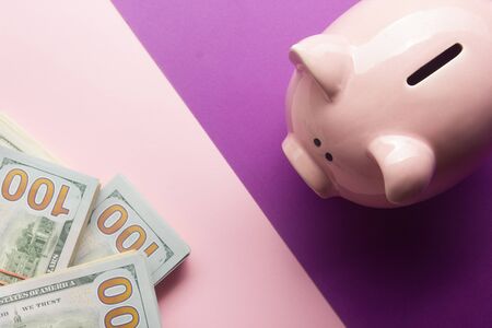Piggy bank and dollar cash money. Business, finance, investment, saving and corruption concept.の写真素材