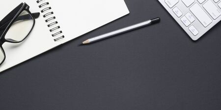 Office desk table with supplies. Flat lay Business workplace and objects. Top view. Copy space for textの写真素材