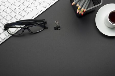 Office desk table with supplies. Flat lay Business workplace and objects. Top view. Copy space for...