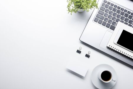 Office desk table with supplies. Flat lay Business workplace and objects. Top view. Copy space for text