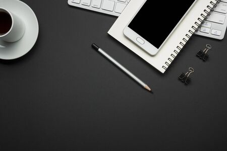 Office desk table with supplies. Flat lay Business workplace and objects. Top view. Copy space for textの写真素材
