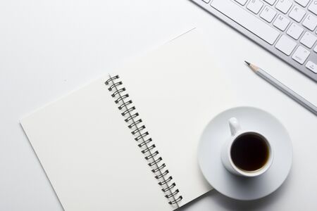 Office desk table with supplies. Flat lay Business workplace and objects. Top view. Copy space for text.の写真素材
