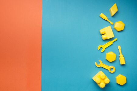Kids educational developing toys frame on white background. Top view. Flat lay. Copy space for textの写真素材