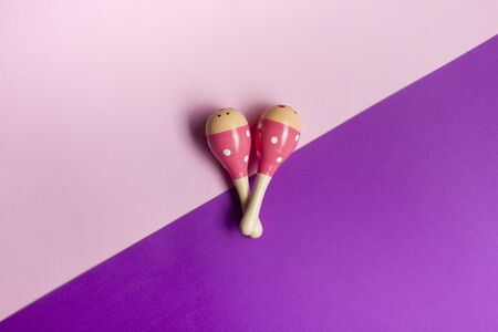 Table top view kids toys for develop background concept. Flat lay objects the colorful wooden ball percussion musical instruments on modern duo paper office desk.の写真素材