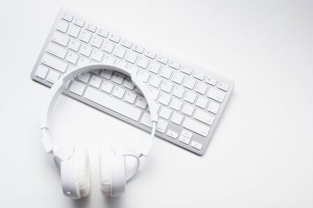 Office desk table with supplies. Flat lay Business workplace and objects. Top view. Copy space for textの写真素材