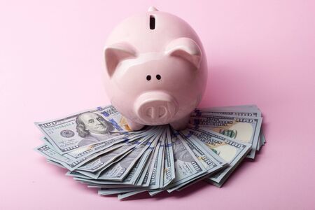 Piggy bank and golden coin. Savings and finance conceptの写真素材