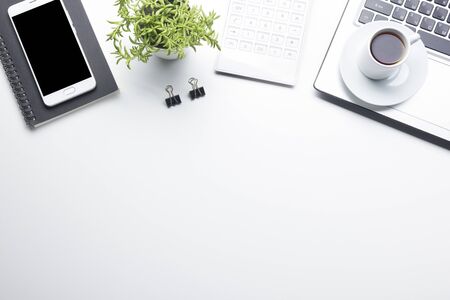 Office desk table with supplies. Flat lay Business workplace and objects. Top view. Copy space for textの写真素材