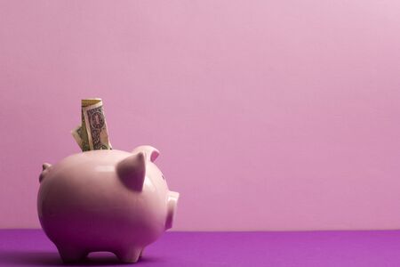 Piggy bank and golden coin. Savings and finance conceptの写真素材