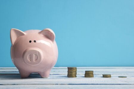 Piggy bank and golden coin. Savings and finance conceptの写真素材
