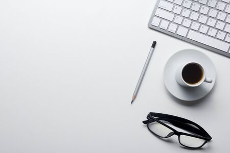 Office desk table with supplies. Flat lay Business workplace and objects. Top view. Copy space for textの写真素材