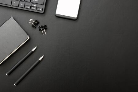 Office desk table with supplies. Flat lay Business workplace and objects. Top view. Copy space for textの写真素材
