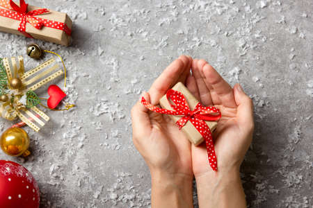 Christmas decoration background. Christmas tree and holidays ornament. Copy spaceの写真素材