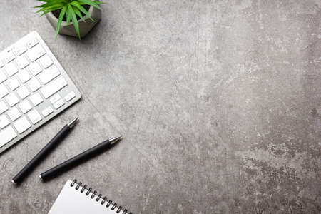 Office desk table and equipment for working in top view and flat lay concept. Copy Spaceの写真素材