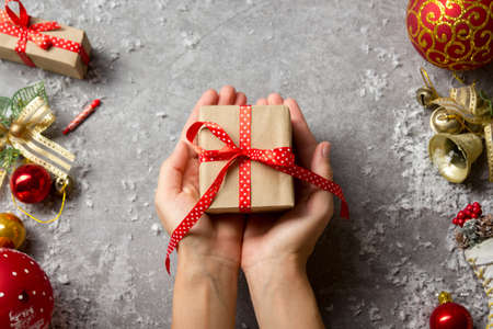 Christmas decoration background. Christmas tree and holidays ornament. Copy spaceの写真素材